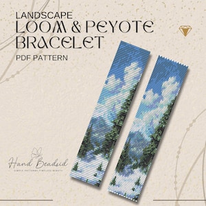 Könnte beinhalten: Zwei gewebte Armbänder mit einem Landschaftsdesign mit blauem Himmel, weißen Wolken und grünen Bäumen. Der Text "LANDSCAPE LOOM & PEYOTE BRACELET PDF PATTERN" steht oben. Der Markenname "Hand Beadsid" steht unten.