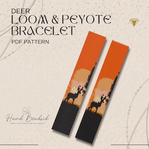May include: Two beaded loom and peyote bracelet patterns with a deer silhouette design. The bracelets feature an orange sunset background and black deer silhouettes. The text "DEER LOOM & PEYOTE BRACELET PDF PATTERN" is at the top.