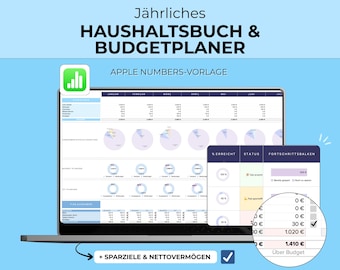 Jährliches Haushaltsbuch, Apple Numbers-Vorlage, Budgetplaner, Einnahmen Ausgaben Tracker, Finanzplaner, Sparziele, Nettovermögen