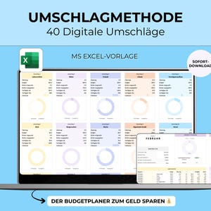 Könnte beinhalten: Ein Laptop zeigt einen digitalen Budgetplaner mit dem Text "UMSCHLAGMETHODE 40 Digitale Umschläge" und "MS EXCEL-VORLAGE". Der Bildschirm zeigt verschiedene Diagramme und Datentabellen. Ein kleinerer Bildschirm zeigt eine monatliche Übersicht.