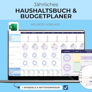 Annual household book Excel template, budget planner, income expense tracker, financial planner, savings goals, net worth
