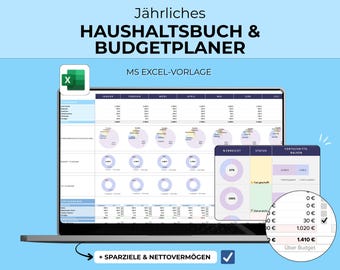 Annual household budget Excel template, budget planner, income and expense tracker, financial planner, savings goals, net worth