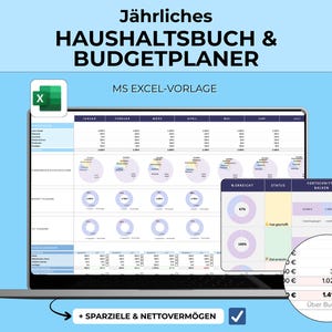 Annual household book Excel template, budget planner, income expense tracker, financial planner, savings goals, net worth
