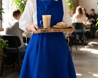 Delantal cruzado para mujer - Azul cobalto, uniforme de cafetería, vestido de trabajo de barista, delantal para personal de restaurante