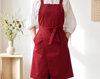 Delantal de tirantes cruzados para mujer, bata de algodón para estudio o cocina, delantal de artista burdeos con bolsillos, vestido estilo cottagecore