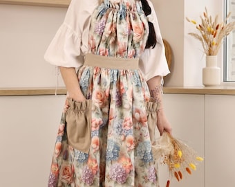 Delantal de peto floral - Estilo cottagecore Rosa Hortensia, bata de algodón con bolsillos, regalo vintage