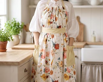 Delantal con estampado botánico floral - Bata de algodón estilo vintage para mujer, hecha a mano con bolsillos.