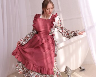 Delantal de peto con volantes, de mezcla de algodón con espalda cruzada, delantal de cocina vintage para mujer, rosa suave.