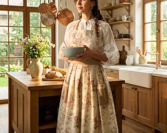 Delantal de talla grande con estampado floral vintage estilo cottagecore para mujer / Regalo de cocina de mezcla de algodón resistente