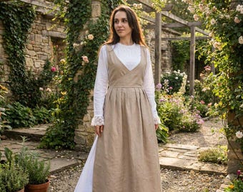 Beige Pinafore Apron Heavyweight Cotton | Vintage Smock, Cottagecore Garden Kitchen Women's Gift