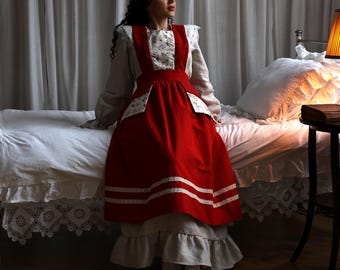 Delantal rojo estilo renacentista, de algodón vintage con diseño floral estilo cottagecore, largo hasta el suelo, estilo rústico de cocina con espalda cruzada y ribete de encaje.