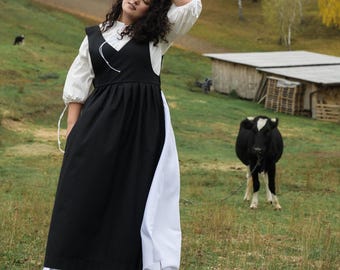 Vestido de tirantes medieval renacentista de algodón - Vestido de estilo folclórico para ferias renacentistas, juegos de rol en vivo (LARP) y atuendos de aldeanos históricos.