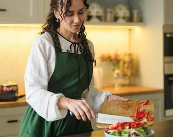 Delantal de cocina verde bosque - Algodón estilo vintage, largo completo, regalo para anfitriona, delantal de tallas grandes