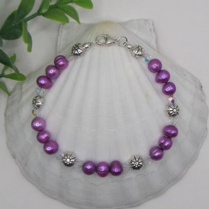 Pink Pearl Bracelet: Sterling Silver Clasp, Flower Pewter Beads