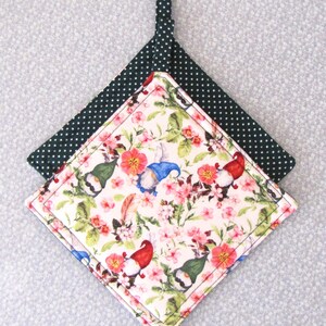 Spring Gnome Pot Holders: Handmade Floral Kitchen Decor, Set of 2 Heat Resistant Trivets