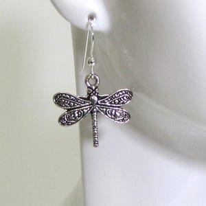 May include: Silver-toned dragonfly earrings. The earrings feature a detailed dragonfly pendant with intricate wing patterns. The earrings are suspended from a simple hook. The dragonfly pendant is approximately 1 inch in length.