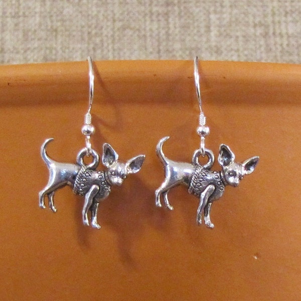 Chihuahua in Sweater Doggie Dog Earrings of Antique Silver Plated Pewter and Sterling Silver, Gift for Her.