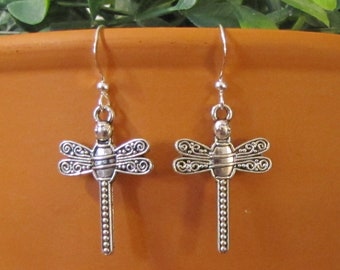 Dragonfly Earrings of Antique Silver Plated Pewter and Sterling Silver Ear Wires, Gift for Her