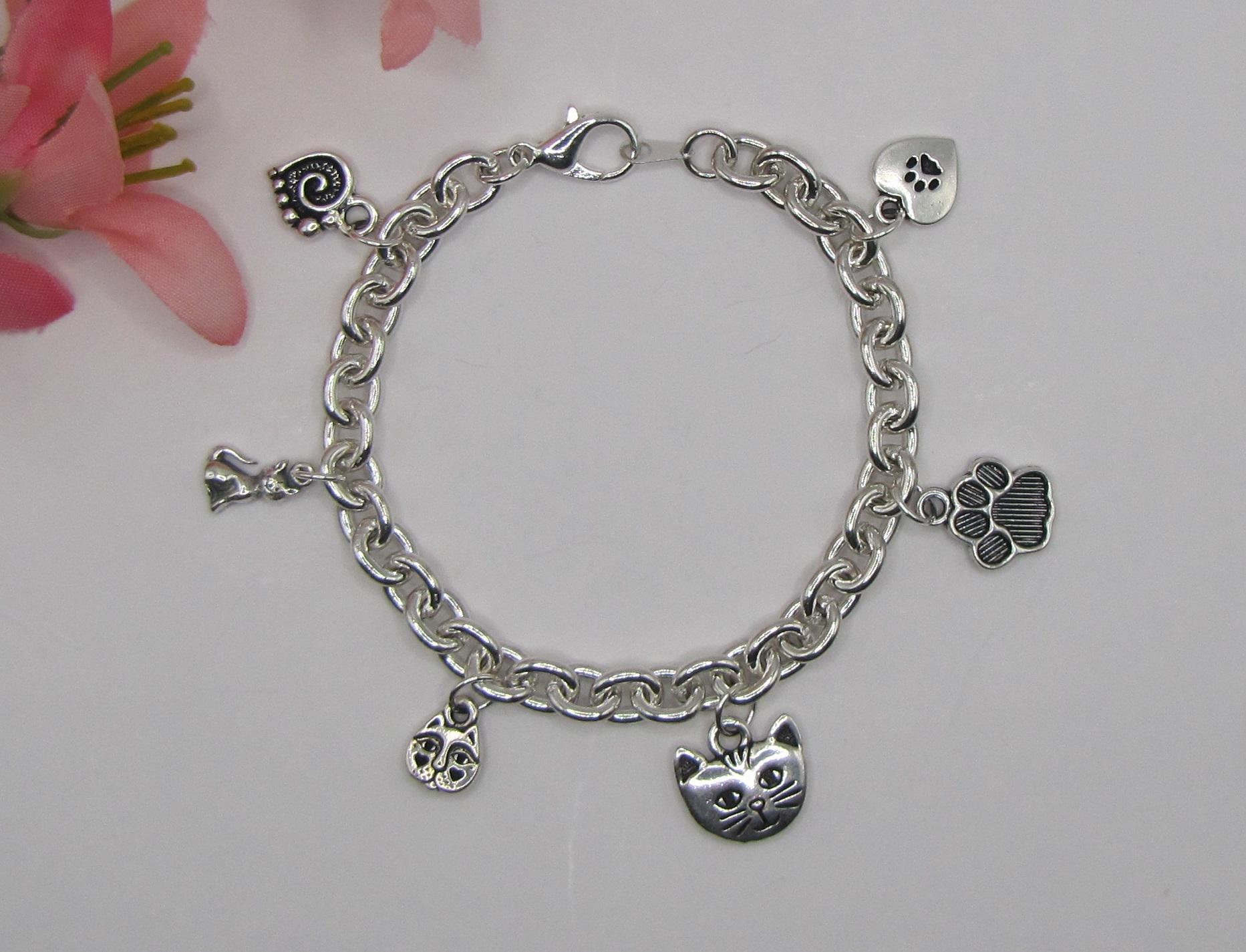 Fine Silver Plated Diamond Accent  Cat Theme Charm Silver Tone Bracelet. P/A main image 2