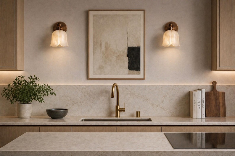 Modern brass wall sconce set with alabaster stone shade, minimalist bedroom wall lighting on grey background Mid century brass wall lights with white alabaster tulip shades, luxury wall sconce pair for bedroom decor Set of two brass wall sconces with natural alabaster shades, elegant modern wall lighting fixture Minimal brass wall lamps with alabaster shade, bedside wall lighting pair on neutral grey wall Luxury brass wall sconce pair with alabaster tulip glass shade, modern wall lighting.