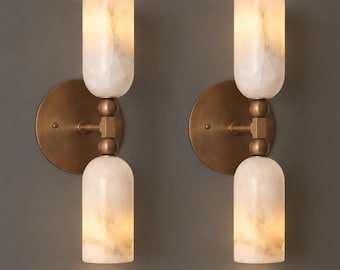 Modern Alabaster Double Wall Sconce Pair, Mid Century Brass Wall Light, Luxury Marble Tube Wall Lamp, Minimalist Bedroom Bathroom Lighting