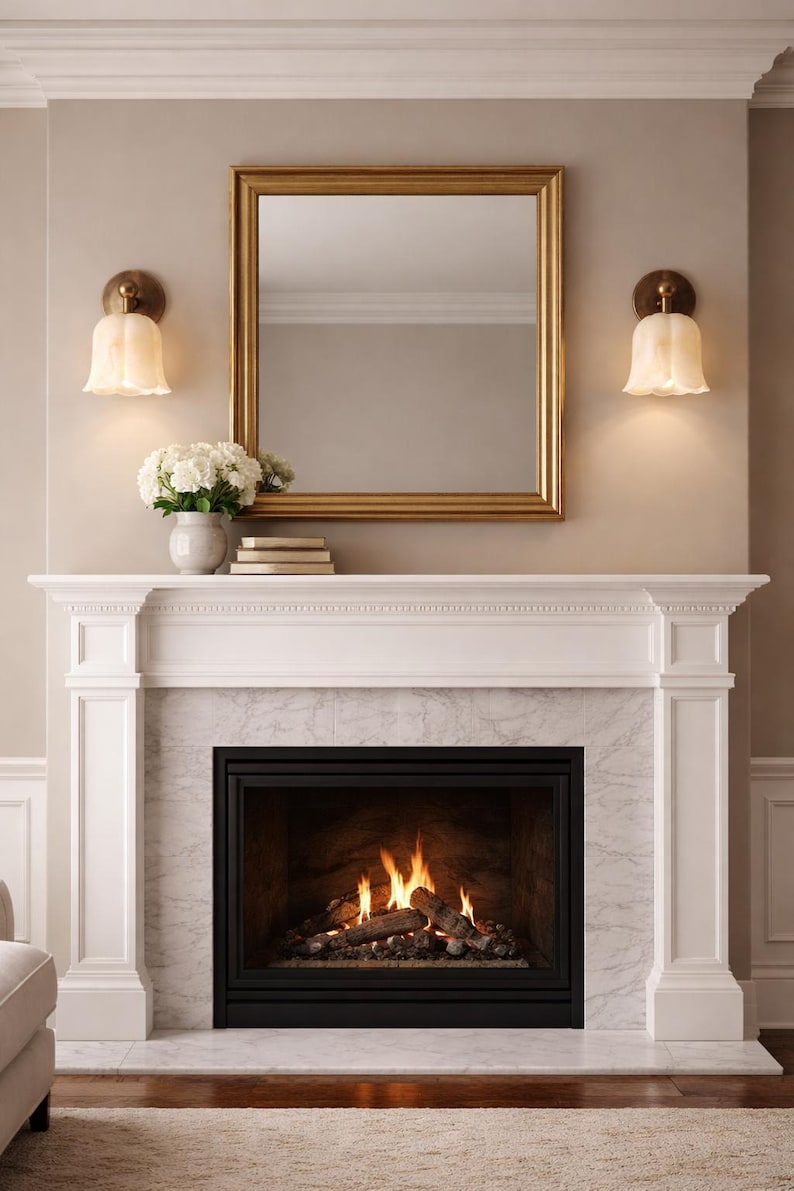Modern brass wall sconce set with alabaster stone shade, minimalist bedroom wall lighting on grey background Mid century brass wall lights with white alabaster tulip shades, luxury wall sconce pair for bedroom decor Set of two brass wall sconces with natural alabaster shades, elegant modern wall lighting fixture Minimal brass wall lamps with alabaster shade, bedside wall lighting pair on neutral grey wall Luxury brass wall sconce pair with alabaster tulip glass shade, modern wall lighting.