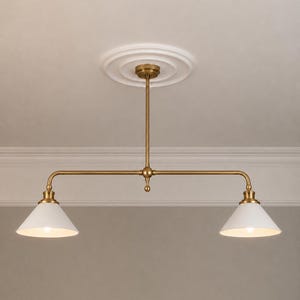 1950s Mid Century Modern Brass Linear Chandelier, Double Light Kitchen Island Pendant, White Cone Shade Dining Room Ceiling Light Fixture