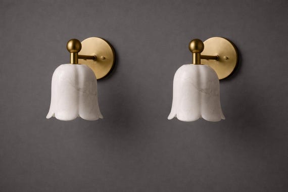 Mid Century Modern Brass Alabaster Wall Sconce Handmade Flower Shade Wall Sconce Marble Wall Light Lamp Minimalist Lighting Fixture For Room