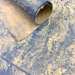 Può includere: Un rotolo di carta marmorizzata blu e bianca, parzialmente srotolato per rivelare il motivo. La carta presenta un design a spirale e organico nelle tonalità del blu e del bianco, creando un aspetto strutturato. Adatto per lavori artigianali e confezioni.