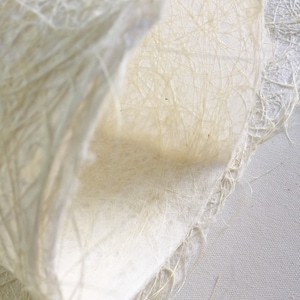 Op de afbeelding: Een close-up van een wit, getextureerd, papierachtig materiaal. Het materiaal is opgerold en de randen zijn rafelig.