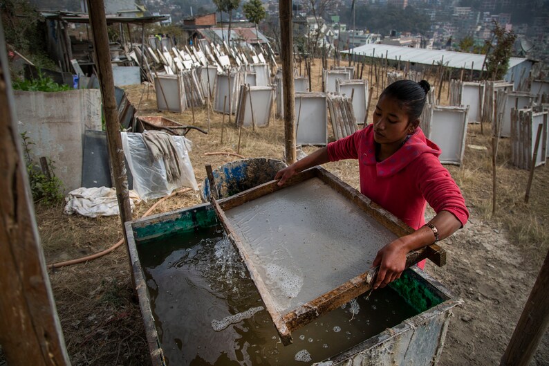 Puede incluir: Una persona con una camisa roja est&aacute; haciendo papel a mano. Est&aacute; sumergiendo un marco de madera en una tina de agua y luego lo levanta para dejar que el agua se escurra. El marco est&aacute; cubierto con una fina capa de pulpa, que eventualmente se secar&aacute; para formar papel. Hay muchos otros marcos sec&aacute;ndose en el fondo.