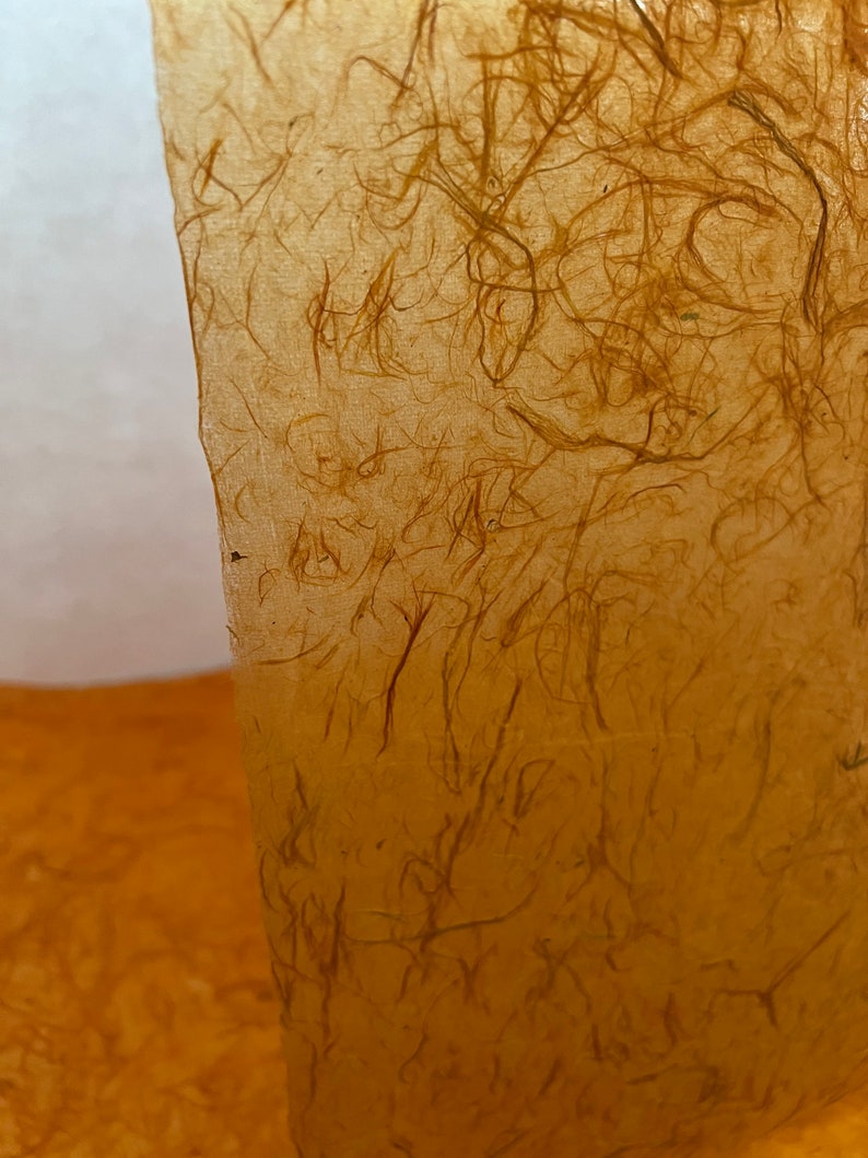 May include: A sheet of translucent, light brown handmade paper featuring a visible network of embedded organic fibers. The texture is uneven and fibrous, with a warm, amber-toned appearance that allows light to pass through the thin material.