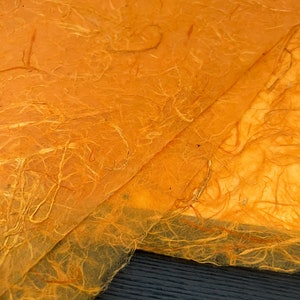May include: A sheet of translucent orange paper with a visible fibrous texture. The paper features embedded organic strands that create a complex, web-like pattern across the surface. The material is thin and layered, showing variations in color.