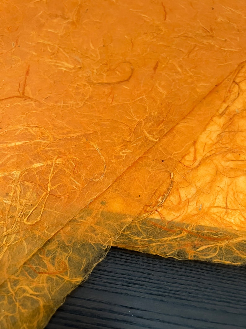 May include: A sheet of translucent orange paper with a visible fibrous texture. The paper features embedded organic strands that create a complex, web-like pattern across the surface. The material is thin and layered, showing variations in color.
