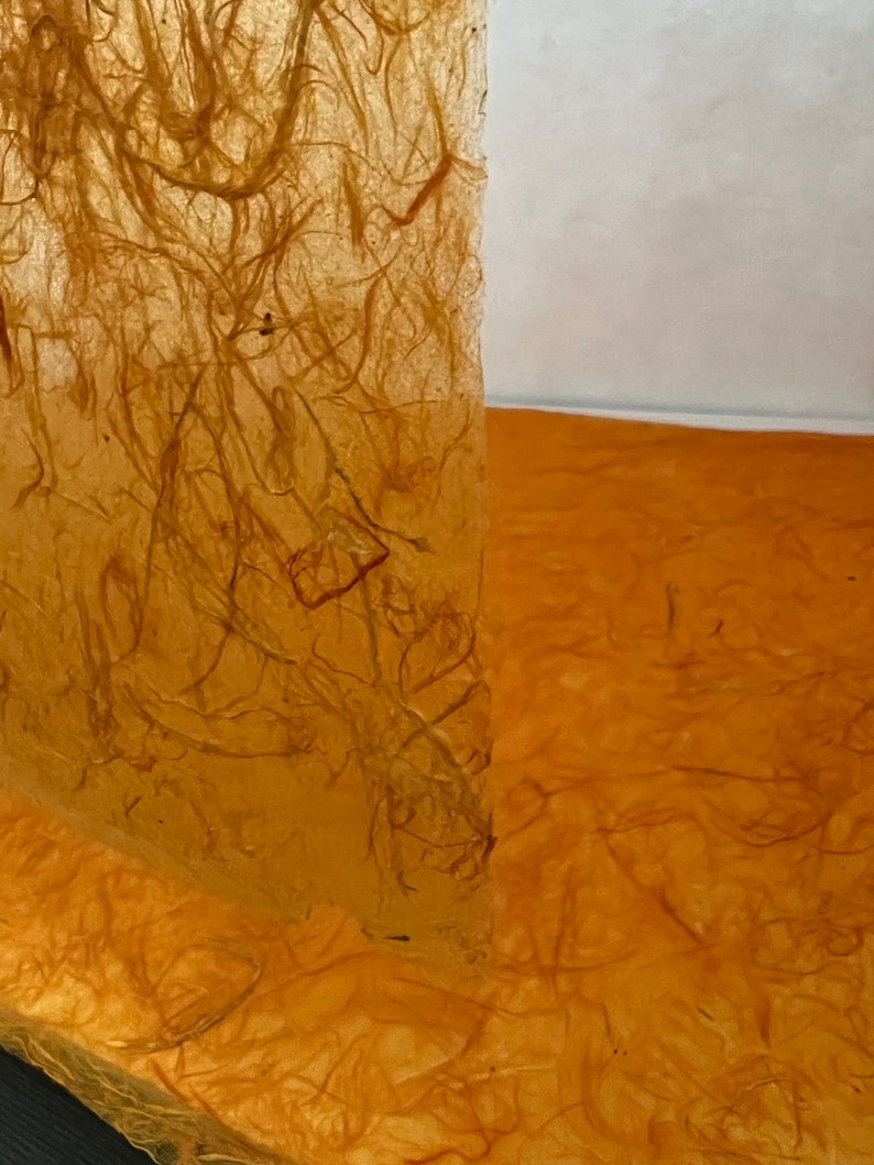 May include: A sheet of translucent, amber-colored handmade paper featuring a visible network of embedded organic fibers. The texture is fibrous and uneven, with a warm, golden-brown hue that allows light to pass through the delicate, thin material.