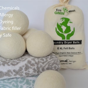 Wolle Trockner Balls 6 XL - Natürliche Eco freundlich ohne Chemikalien - XL - Organic & Baby Safe, Filz Trockner Bälle, Trockner Wolle Bälle, Filz Pom-Poms