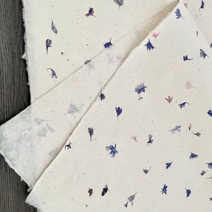 May include: A sheet of handmade paper with a scattered pattern of pressed blue, pink, and purple flowers.