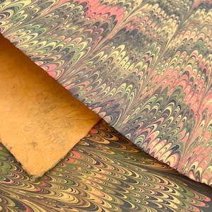 May include: A close-up of marbled paper with a swirling pattern of black, green, yellow, and pink. The paper has a textured surface.