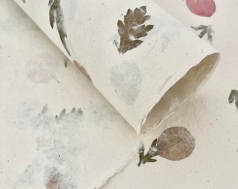 May include: Off-white handmade paper with embedded dried leaves and flower petals. The paper is rolled up, revealing the texture and natural inclusions. The leaves are various shades of brown and the petals are a soft pink.