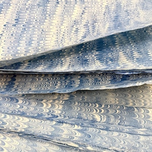 May include: Close-up of several sheets of paper with a marbled pattern. The paper has a blue and white design with a wave-like pattern. The sheets are stacked on top of each other, showing the texture and layers of the paper.