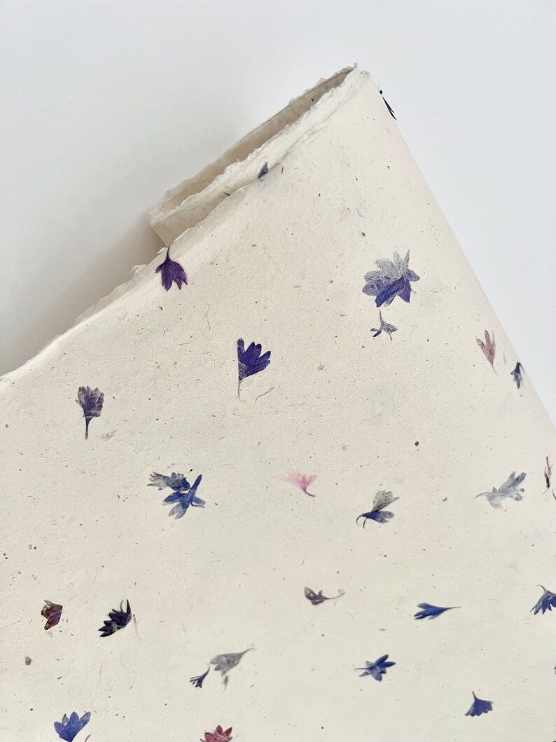 May include: A sheet of handmade paper with a delicate pattern of pressed purple and pink flowers. The paper has a natural, off-white color and a slightly textured surface.