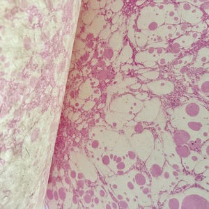 Könnte beinhalten: Nahaufnahme von Marmorpapier mit einem rosa-weißen Muster. Das Design zeigt wirbelnde, organische Formen und kreisförmige Muster. Das Papier ist gefaltet und zeigt das Muster auf beiden Seiten.