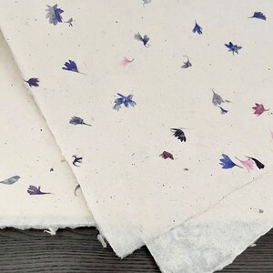 May include: Two sheets of white paper with embedded dried flowers. The flowers are blue, pink, and purple.