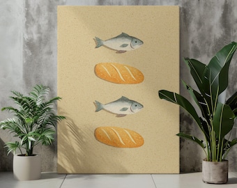 Jesus Feeds 5000 Print, Fish and Loaves Christian Kitchen Wall Art