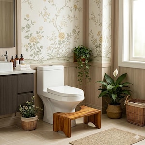 Bamboo Wood Toilet Stool, Ergonomic 7-Inch Squat Aid, Non-Slip Bathroom Footrest