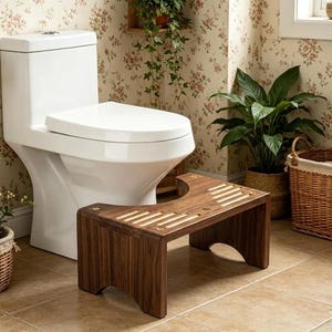 May include: A white toilet with a matching seat is positioned next to a dark brown wooden footstool. The footstool has a curved design and a series of parallel slots on the top. The bathroom has floral wallpaper and a potted plant.