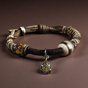 Handmade Yak Bone Bracelet for Men | Tibetan Agate & Wood Beads | Woven Cord Spiritual Jewelry