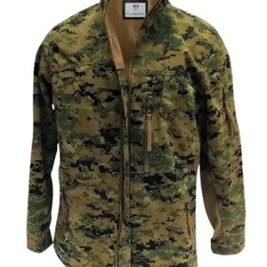 May include: A camouflage jacket in shades of green, brown, and black. The jacket has a full-length zipper, a high collar, and multiple pockets. The jacket has a tag on the chest. The jacket is made of a durable material.