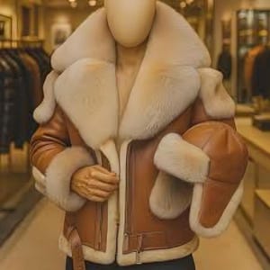 Può includere: Giacca in pelle marrone con collo e finiture in pelliccia color crema. La giacca ha una chiusura con fibbia e un cappello abbinato con finiture in pelliccia. La giacca è esposta su un manichino.