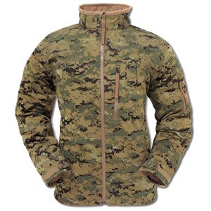 May include: A camouflage jacket in shades of green, brown, and black. The jacket features a full-length zipper, a stand-up collar, and multiple pockets. The sleeves have a zippered pocket on the upper arm. The jacket is designed for outdoor wear.